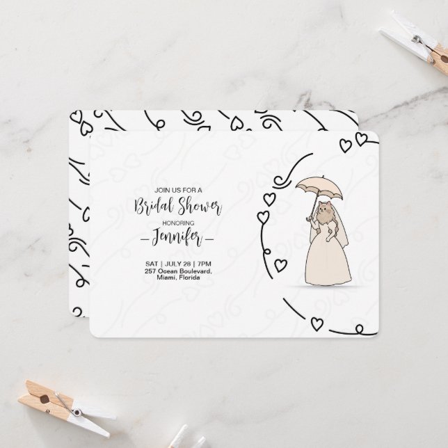 Invitation Cute Cat bride with elegant Hearts bridal shower (Devant/Arrière en situation)