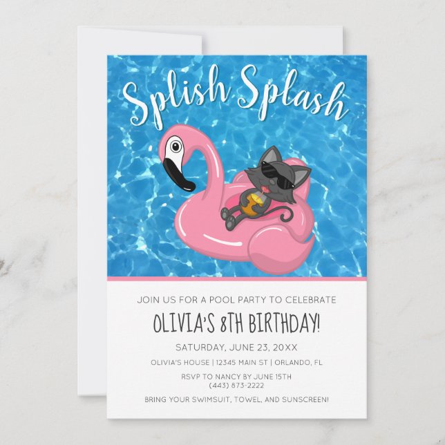 Invitation Cute Cat Flamant rose Enfants Piscine fête Anniver (Devant)