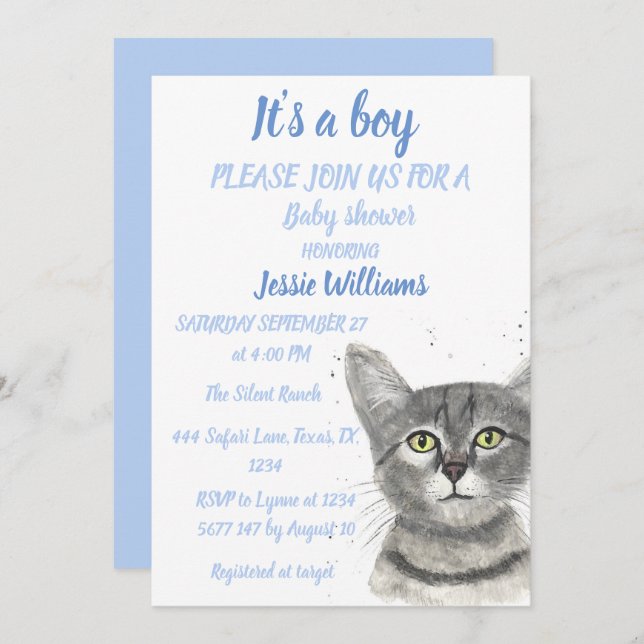 Invitation Cute Cat Kitty Kitten Blue Baby boy shower Invitat (Devant / Derrière)