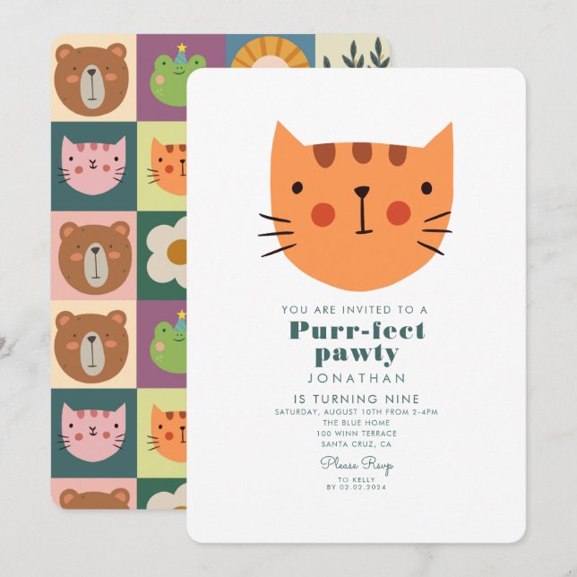 Invitation Cute Cat Orange Animaux Anniversaire (Devant / Derrière)