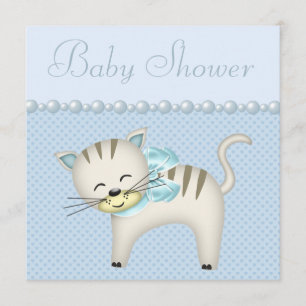 Invitation Cute Cat, Pearls & Hearts Blue Baby Boy Show
