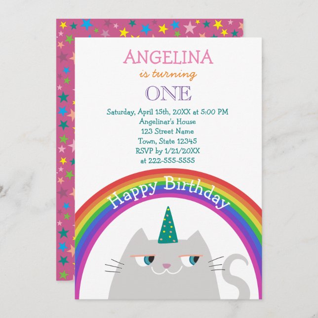 Invitation Cute Cat Unicorn fille 1er anniversaire (Devant / Derrière)