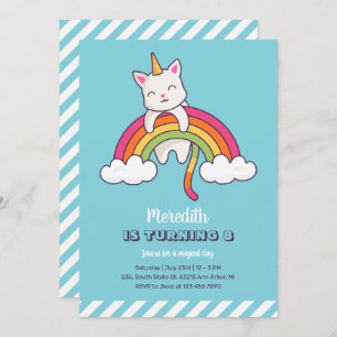 Invitation Cute Cat Unicorn Rainbow Girl Anniversaire
