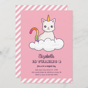 Invitation Cute Cat Unicorn sur Cloud Girl Anniversaire