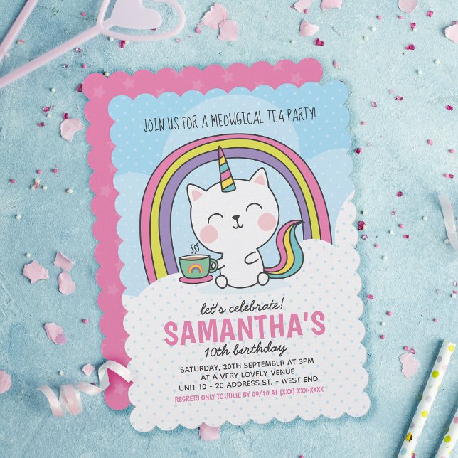 Invitation Cute Caticorn Cat Unicorn Tea Party (Créateur téléchargé)