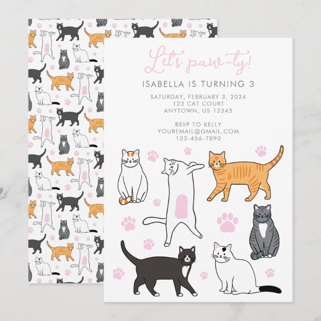 Invitation Cute Cats Let's Pawty Anniversaire de enfant Invit (Devant / Derrière)