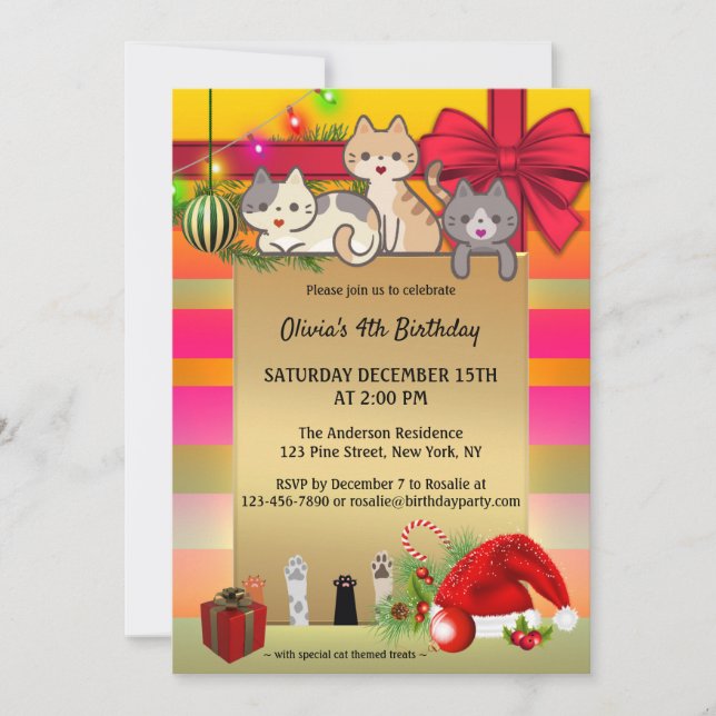 Invitation Cute Cats Noël Anniversaire de enfant Party Invita (Devant)