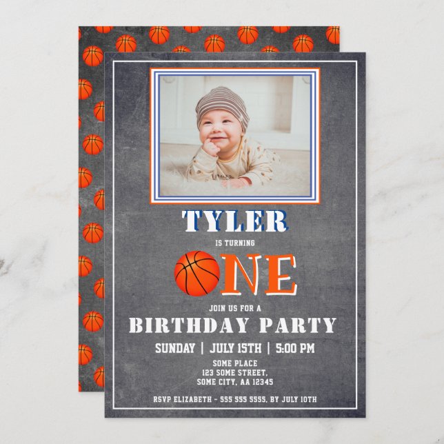 Invitation Cute Chalkboard Basketball photo 1er anniversaire (Devant / Derrière)