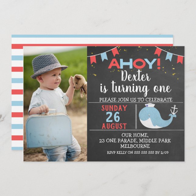 Invitation Cute Chalkboard Whale Photo Anniversaire Invitatio (Devant / Derrière)