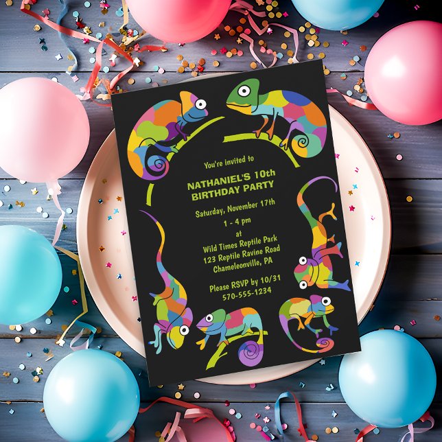 Invitation Cute Chameleons Fête Anniversaire de enfant coloré (Créateur téléchargé)