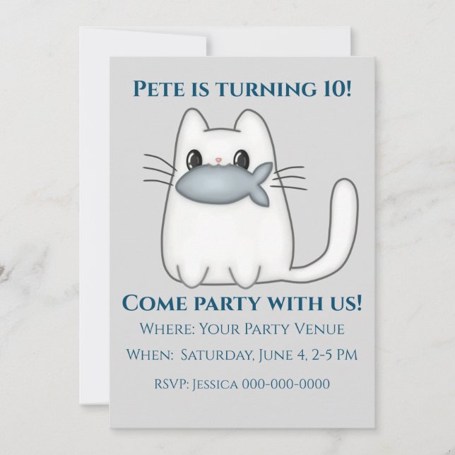 Invitation Cute Chat avec Prix Poisson Anniversaire (Devant)