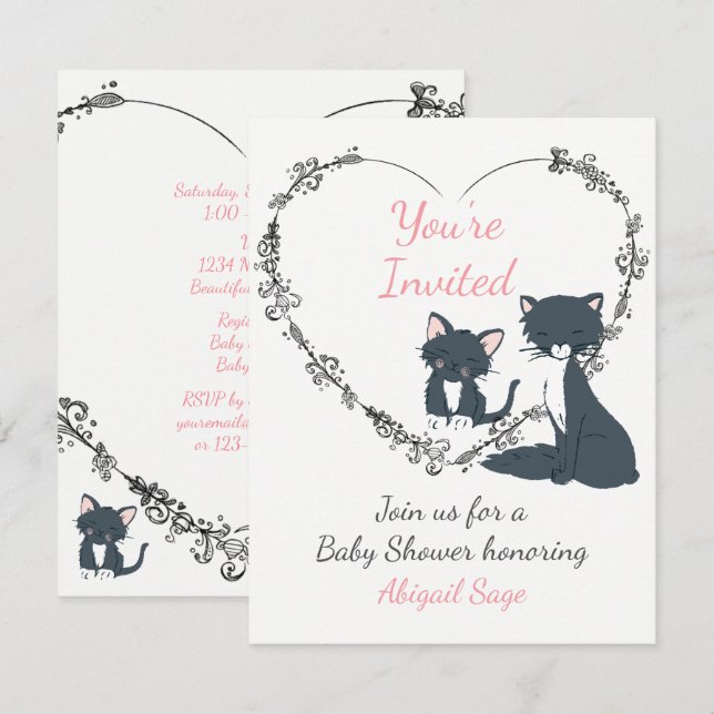 Invitation Cute Chat, Kitten et Baby shower de coeur aux fleu (Devant / Derrière)