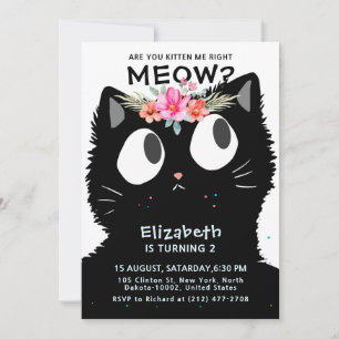 Invitation Cute Chat Kitten Meow Floral Couronne fête d'anniv