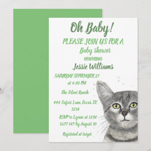 Invitation Cute Chat Kitty Kitten Green Baby boy Girl Invitat