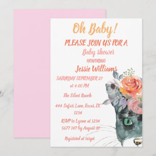 Invitation Cute Chat Kitty Kitten Rose Floral Baby Girl Boho