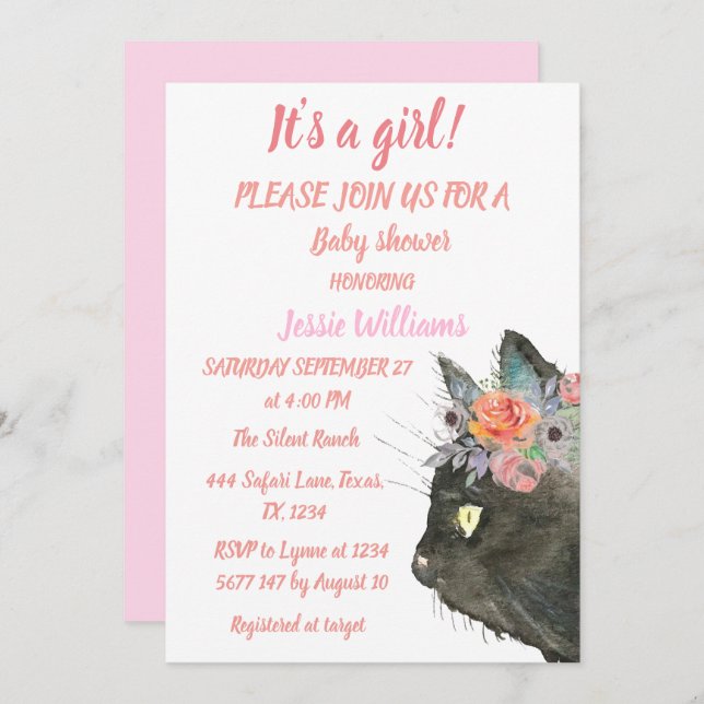 Invitation Cute Chat Kitty Kitten Rose Floral Baby Girl Boho (Devant / Derrière)