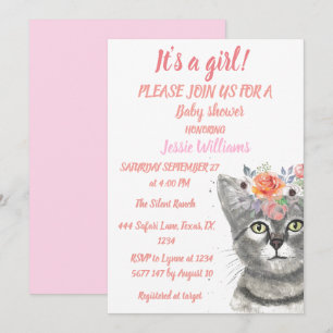 Invitation Cute Chat Kitty Kitten Rose Floral Baby Girl Boho 