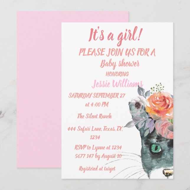 Invitation Cute Chat Kitty Kitten Rose Floral Baby Girl Boho (Devant / Derrière)