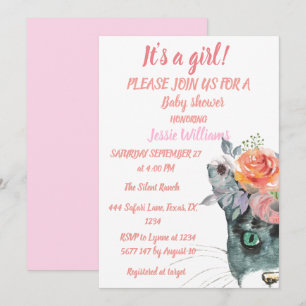 Invitation Cute Chat Kitty Kitten Rose Floral Baby Girl Boho