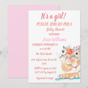 Invitation Cute Chat Kitty Kitten Rose Floral Baby Girl Boho