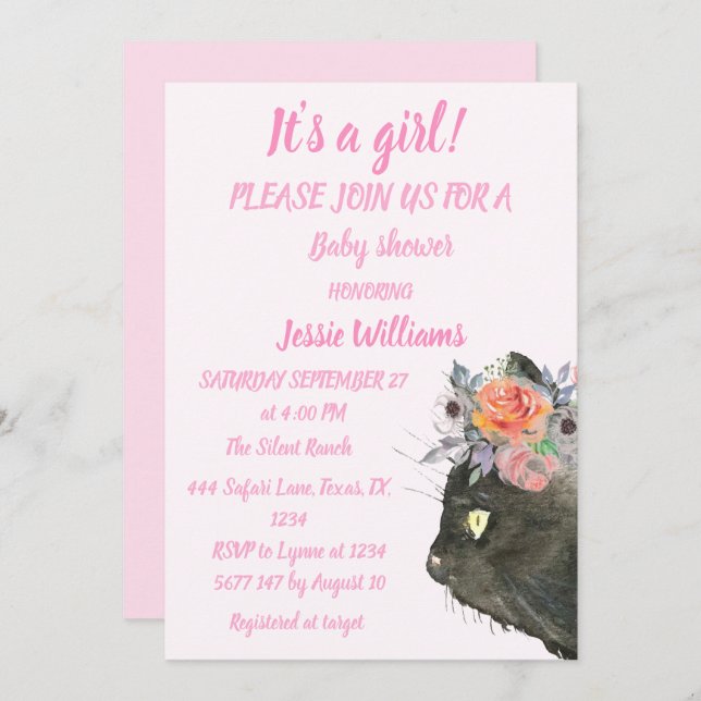 Invitation Cute Chat Kitty Kitten Rose Girl Baby shower Invit (Devant / Derrière)