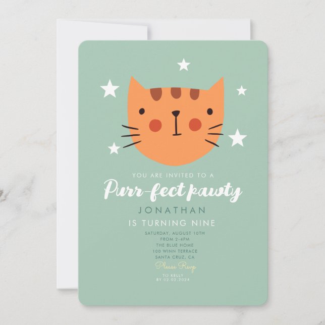 Invitation Cute Chat Orange Vert Anniversaire (Devant)