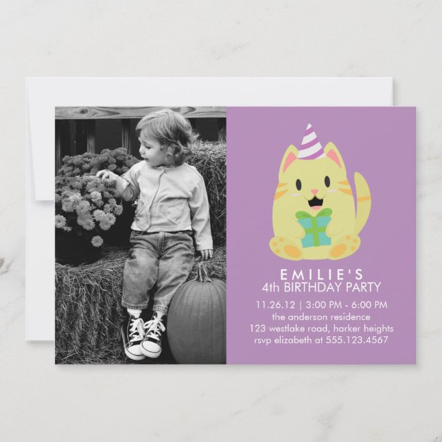Invitation Cute Chat Photo personnalisée Fête d'anniversaire (Devant)