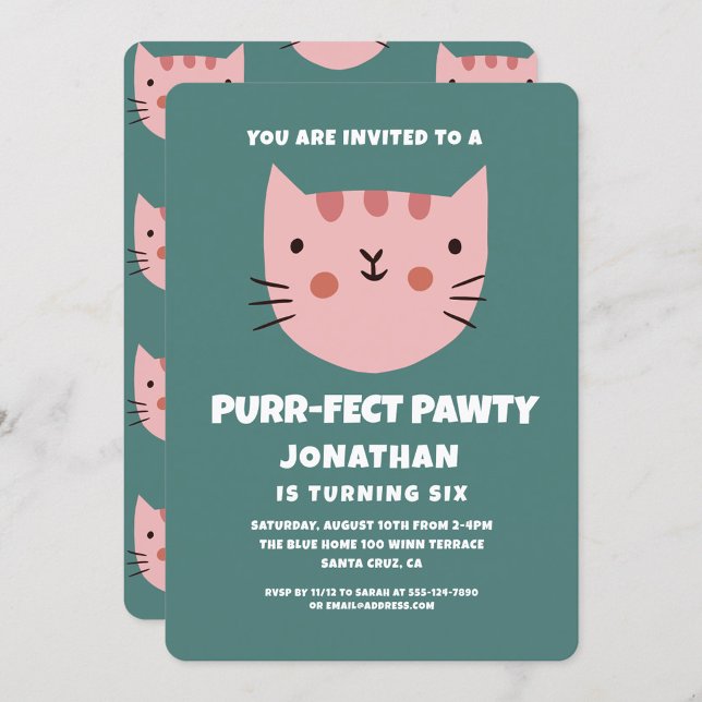 Invitation Cute Chat Rose Purrfect Pawty Anniversaire (Créateur téléchargé)