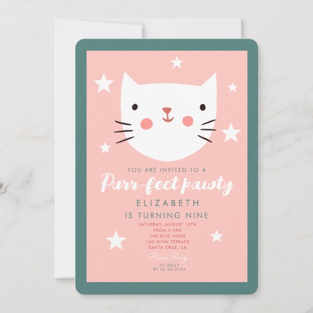 Invitation Cute Chat Rose Vert Violet Étoiles Anniversaire (Devant)