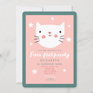 Invitation Cute Chat Rose Vert Violet Étoiles Anniversaire
