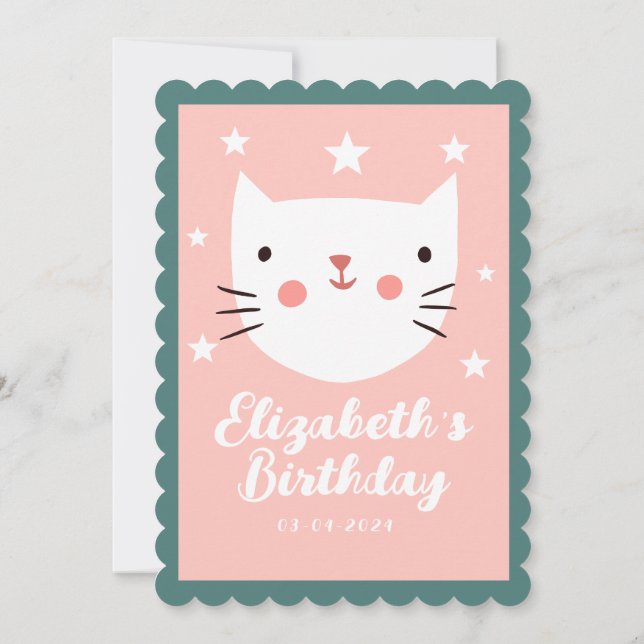 Invitation Cute Chat Rose Vert Violet Étoiles Anniversaire (Dos)