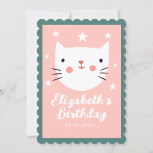 Invitation Cute Chat Rose Vert Violet Étoiles Anniversaire