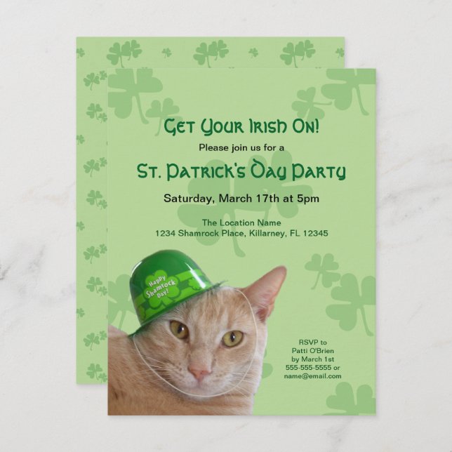 Invitation Cute Chat Shamrock Casquette St. Patrick's Day Par (Devant / Derrière)