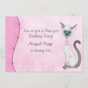Invitation Cute chaton blanc et fleurs à l'anniversaire rose