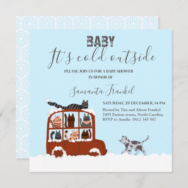 Invitation Cute Chats en voiture Hiver Baby shower froid (Devant / Derrière)