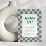 Invitation Cute Checkerboard rose Vert 21e fête d'anniversair<br><div class="desc">Cute Fun Retro Checkerboard Géométrique 21ème anniversaire de fête Invitation en rose et vert</div>
