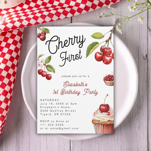 Invitation Cute Cherry First 1st Girl Birthday (Créateur téléchargé)