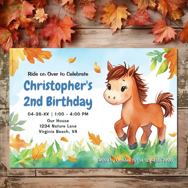 Invitation Cute Cheval et Feuilles automnales | Anniversaire  (Front - Cute Horse and Fall Leaves  Pony Autumn Birthday Invitation)