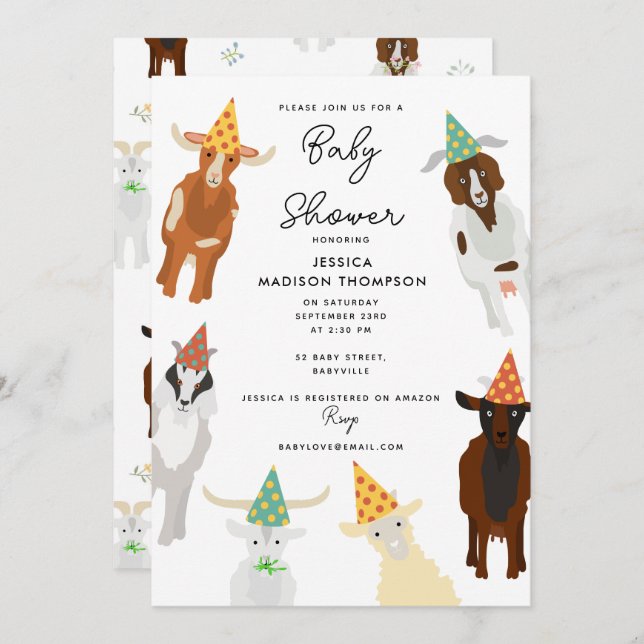 Invitation Cute Chèvres Agritourisme Animaux Baby shower de c (Devant / Derrière)