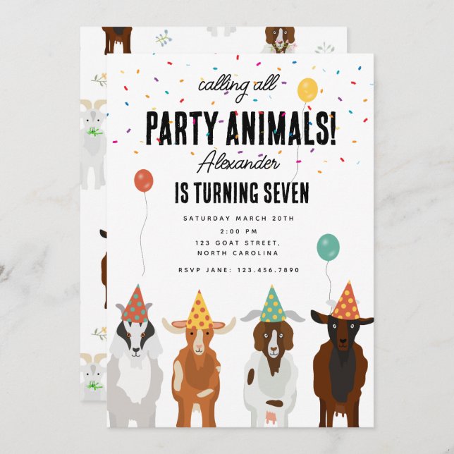 Invitation Cute Chèvres Ferme Animaux Chèvre Anniversaire Thè (Devant / Derrière)