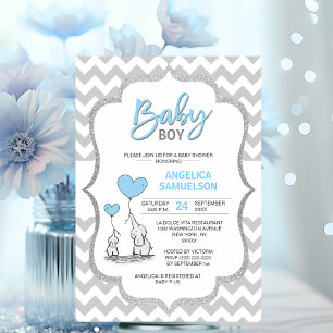 Invitation Cute Chevron Blue Grey Elephant Baby shower GARY