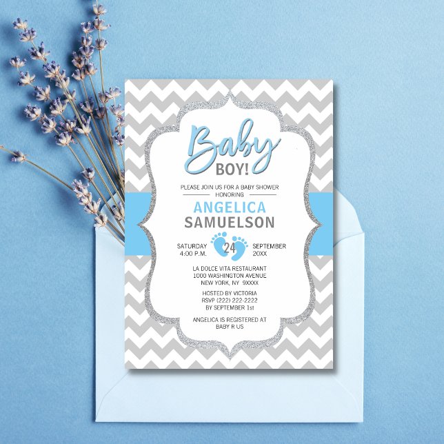 Invitation Cute Chevron Blue Grey Pieds Baby shower GARY (Créateur téléchargé)