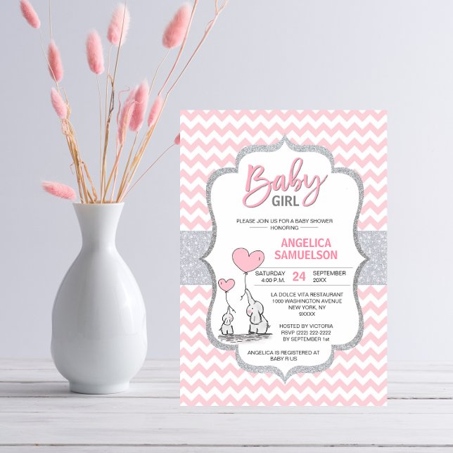 Invitation Cute Chevron rose Grey Elephant Baby shower FILLE (Créateur téléchargé)