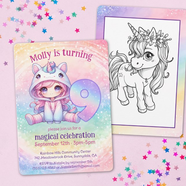 Invitation Cute Chibi Girl Unicorn 9e anniversaire fête (Créateur téléchargé)