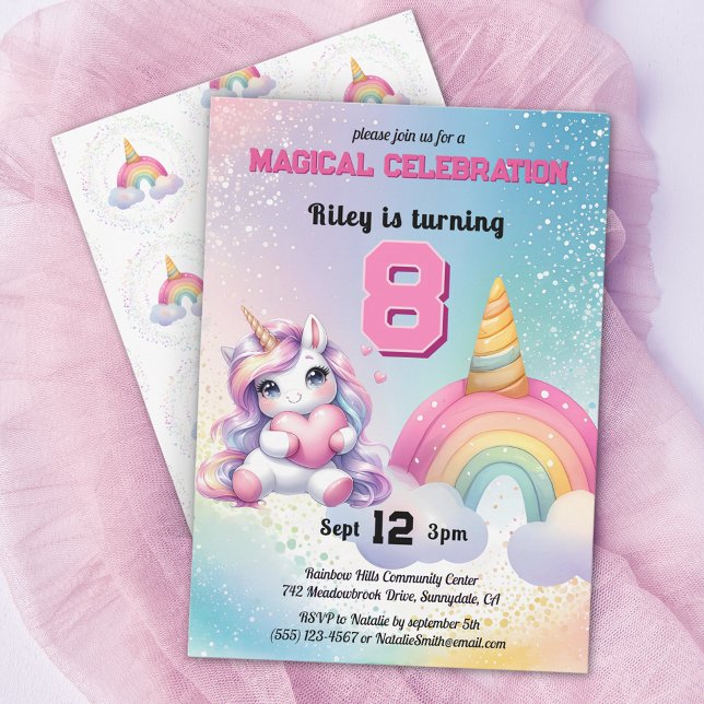 Invitation Cute Chibi Unicorn arc-en-ciel fête d'anniversaire (Créateur téléchargé)