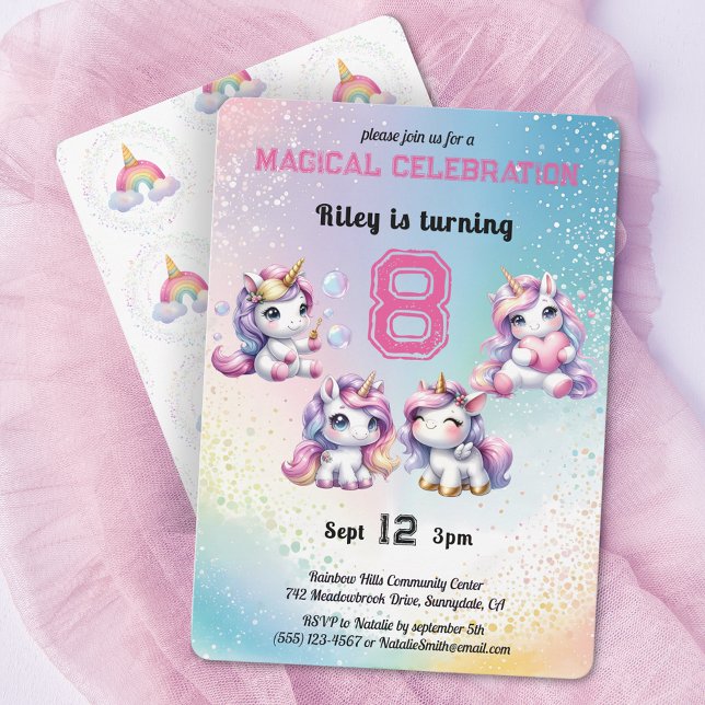 Invitation Cute Chibi Unicorn n'importe quel âge fête d'anniv (Créateur téléchargé)
