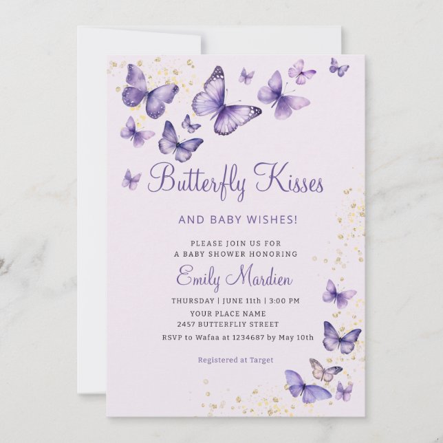 Invitation Cute Chic Purple Butterfly embrasse Girl Baby show (Devant)