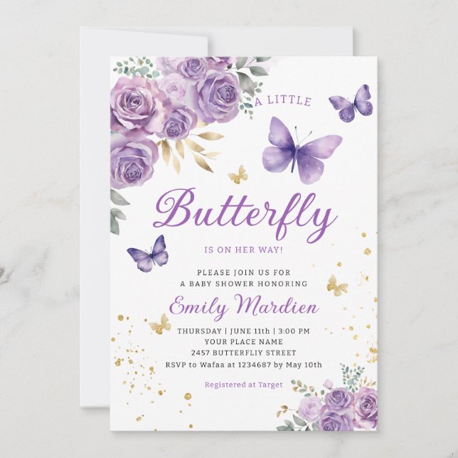 Invitation Cute Chic Purple Floral Butterfly Girl Baby shower (Devant)