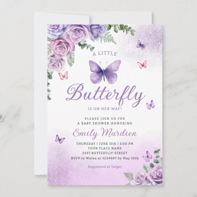 Invitation Cute Chic Purple Floral Butterfly Girl Baby shower (Devant)