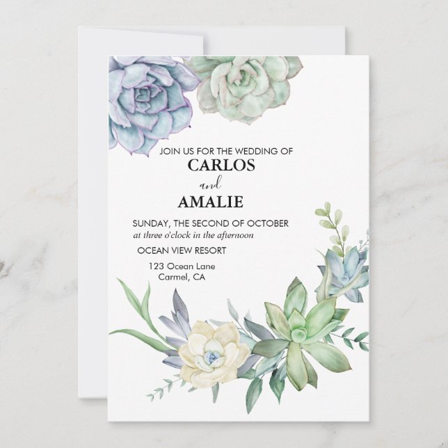 Invitation Cute Chic Succulents Bleu Vert (Devant)